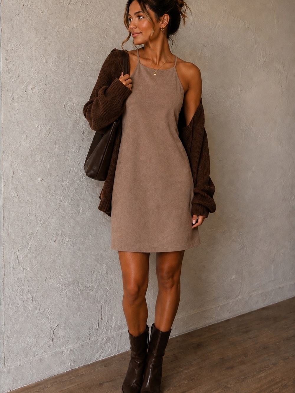 Wishlist Taupe Spaghetti Strap Suede dress